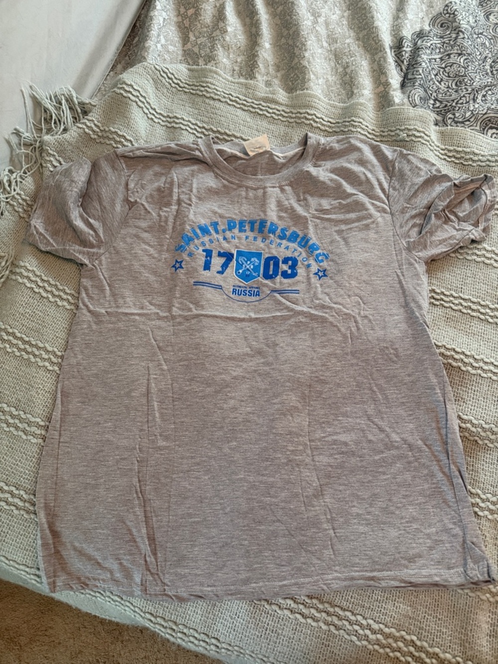 Saint Petersburg Graphic Tee in Heather Gray with Blue Print
